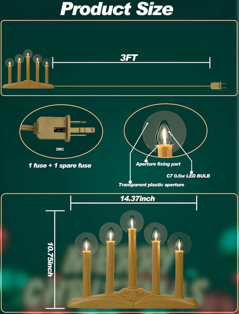 Adirxon 5-Light Christmas Window Candle Lights, Electric Plug-in Candelabra Arch for Luminous Holiday Decorations - Traditional Indoor Windowsill Taper Candle Lamp, Flameless - Image 2